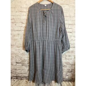 Old Navy Midi Dress Womens XL Gray Plaid Check Tie Neck Flowy Lightweight